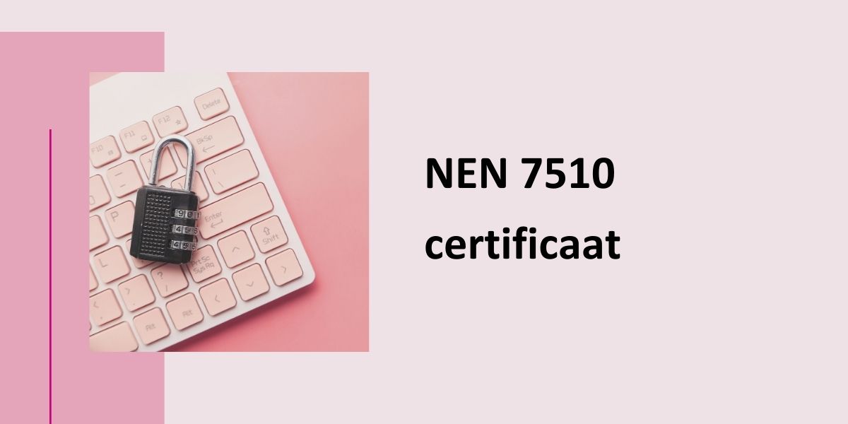 NEN 7510 certificaat, met een foto van een toetsenbord met daarop een slotje, om Privacy en Security uit te beelden